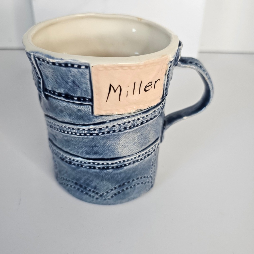 Handmade Ceramic Mug Denim Jean Pocket Design Personalized Miller Name
